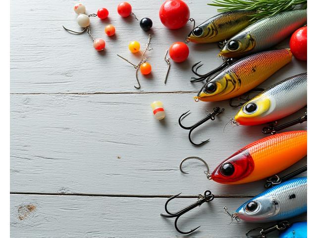 Varietà di accessori da pesca Acquamarina: ami affilati, galleggianti colorati e esche realistiche su una superficie di legno marino.