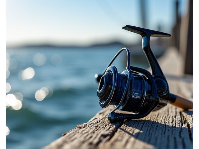 Canna da spinning Acquamarina in fibra di carbonio con mulinello ad alte prestazioni in un ambiente roccioso marino.