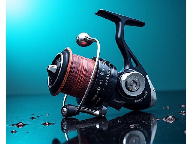 Mulinello da pesca Acquamarina ad alta ingegneria su una bobina di filo trecciato ad alta resistenza sullo sfondo di acqua cristallina.