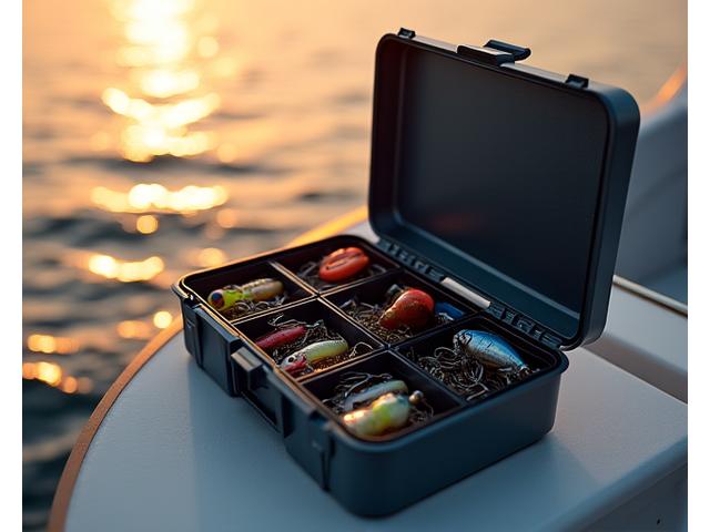 Tackle box Acquamarina ben organizzato con scomparti per esche e attrezzi, su una barca illuminata dal sole al tramonto.