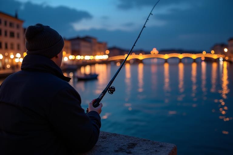 Pescatore urbano con attrezzatura Acquamarina compatta, lancia la canna da un ponte in una città lagunare italiana al tramonto.