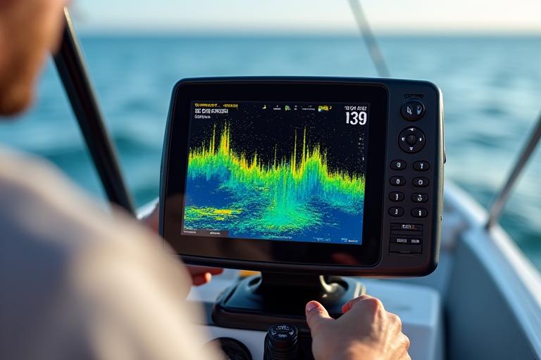 Dispositivo fishfinder Acquamarina con schermo colorato che mostra la topografia del fondale e i pesci, montato su una piccola imbarcazione.