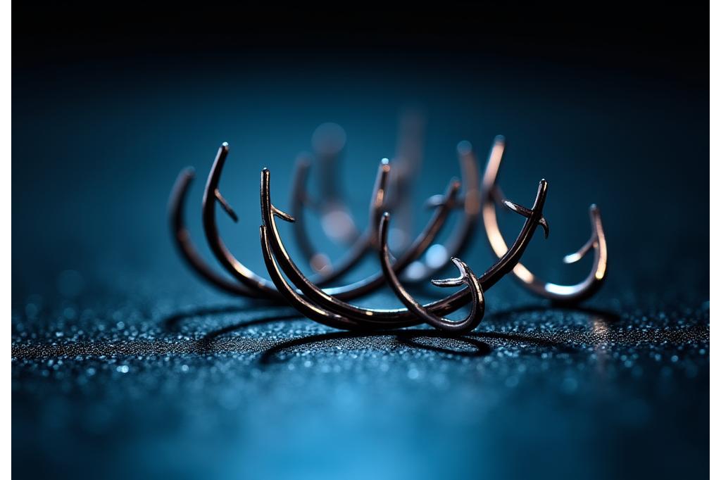 Primo piano su un set di ami da pesca affilati e robusti di diverse dimensioni e finiture, con attenzione ai dettagli della punta e dell'ardiglione.