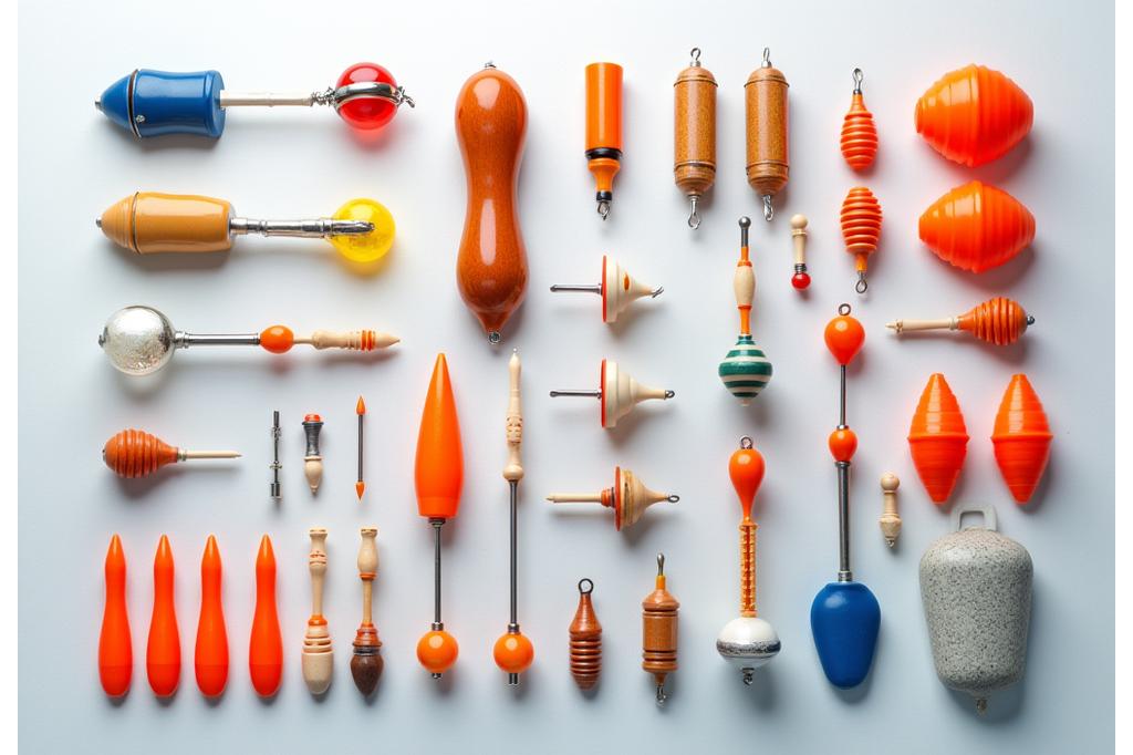Un'ampia selezione di galleggianti da pesca di varie forme, dimensioni e colori, accanto a diversi tipi di piombi, tutti disposti per mostrare la diversità.