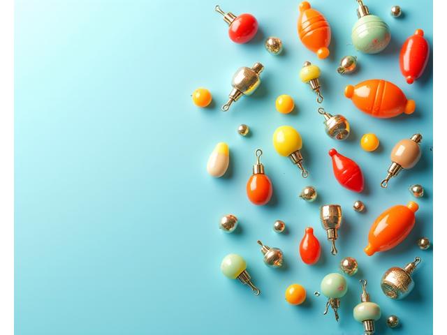 Vario assortimento di galleggianti da pesca e piombi di diverse forme e pesi, essenziali per la piombatura.