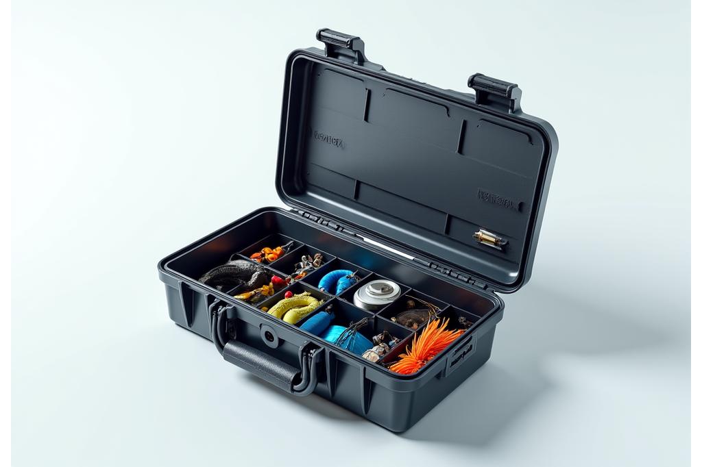 Un'elegante tackle box modulare aperta, che rivela scomparti organizzati con varie esche, ami e accessori da pesca.