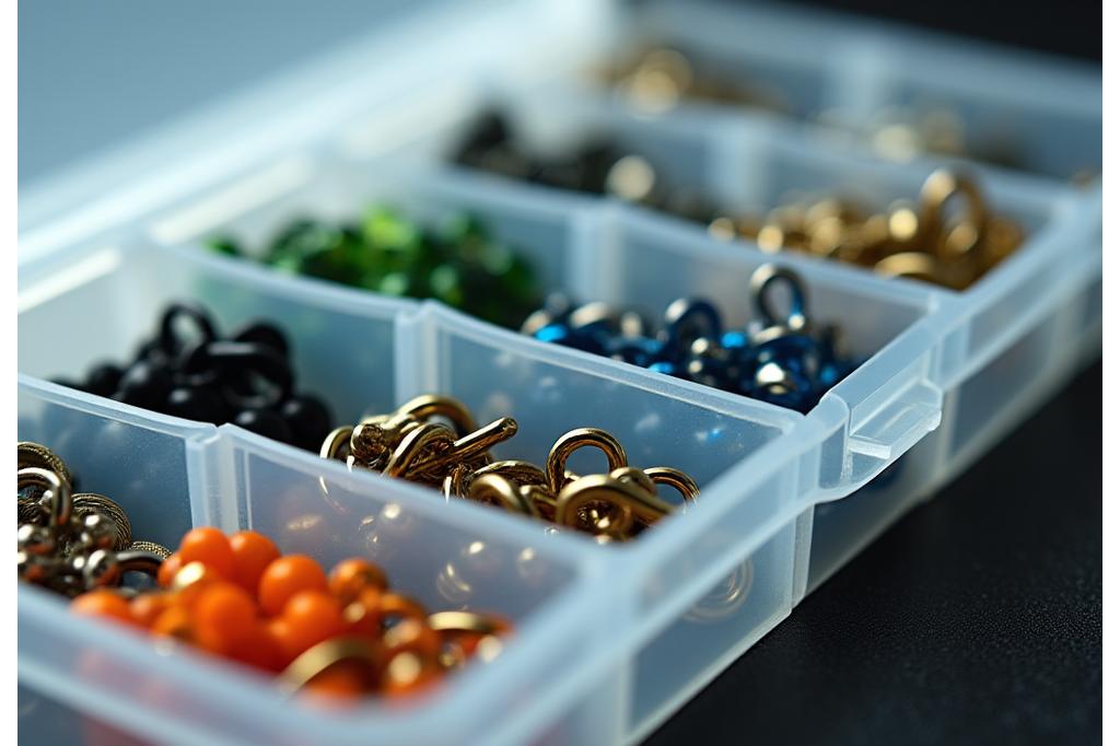 Dettaglio di vari componenti del terminal tackle come girelle, clips, sleeves, e perline in un astuccio trasparente, pronti all'uso.