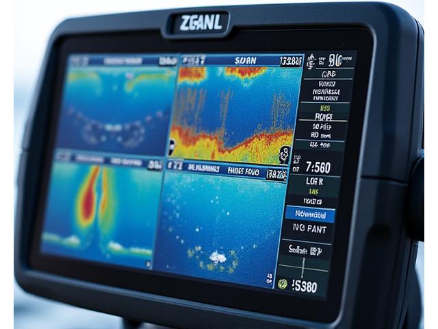 Display di un fishfinder con scansione CHIRP ad alta risoluzione che mostra pesci e struttura sommersa