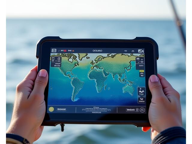 Tablet che mostra un'app di pesca intelligente con dati sovrapposti a una vista subacquea