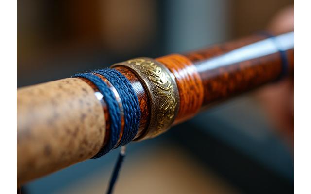 Primo piano di una canna da pesca personalizzata, mostrando legature artigianali color primaryLight e secondary, un anello in oro e l'impugnatura in sughero con incisioni uniche.
