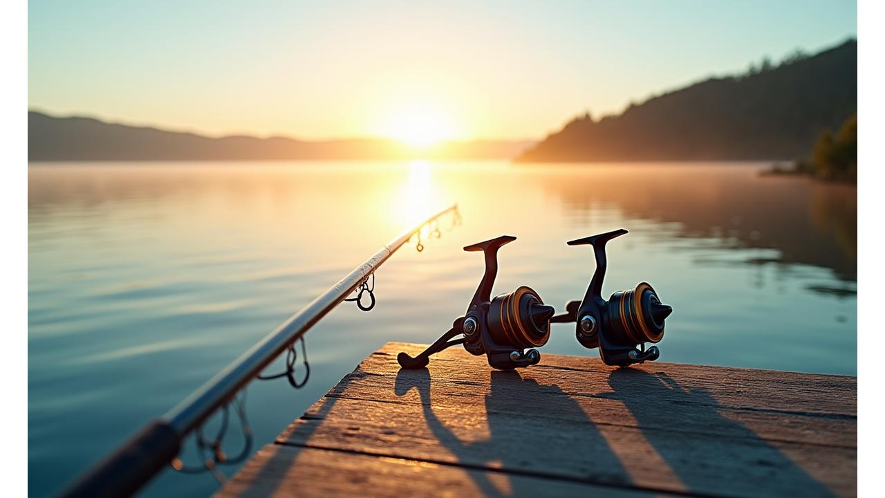 Due canne da pesca, una da spinning e una da feeder, posizionate su un molo all'alba con acqua cristallina e una leggera nebbia all\'orizzonte, illuminate dalla luce dorata del sole.