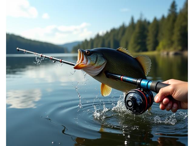 Canna da spinning medium-heavy in azione, un pescatore combattendo con un black bass in un lago.