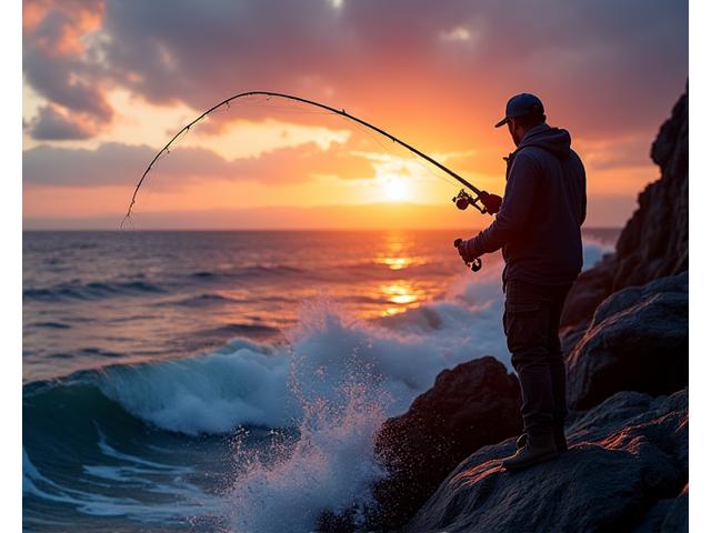 Canna da spinning heavy utilizzata da un pescatore su una scogliera rocciosa al tramonto, in lotta con un pesce marino.