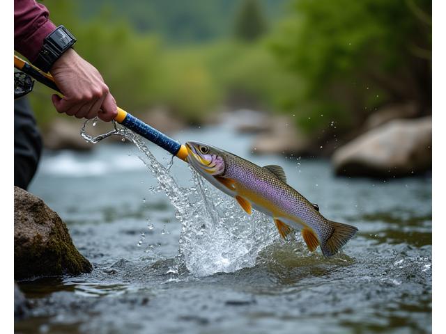 Canna da spinning ultralight in azione su un torrente di montagna, un pescatore cattura una trota.
