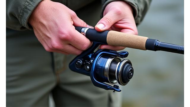 Pescatore esperti che collegano una canna da spinning e un mulinello, mostrando attenzione al bilanciamento.