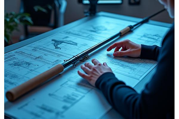 Designer che lavora a un modello CAD 3D di una canna da pesca.