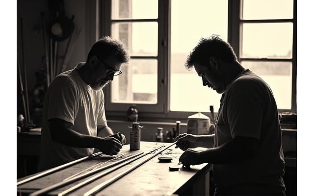 Vecchia foto in bianco e nero della fondazione di Acquamarina Rods a Trieste, con i fondatori che lavorano su una canna da pesca.