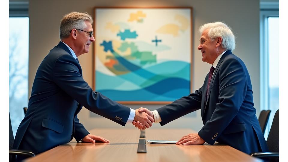 Due uomini in abiti professionali che si stringono la mano di fronte a un acquerello astratto di un pesce e ingranaggi.