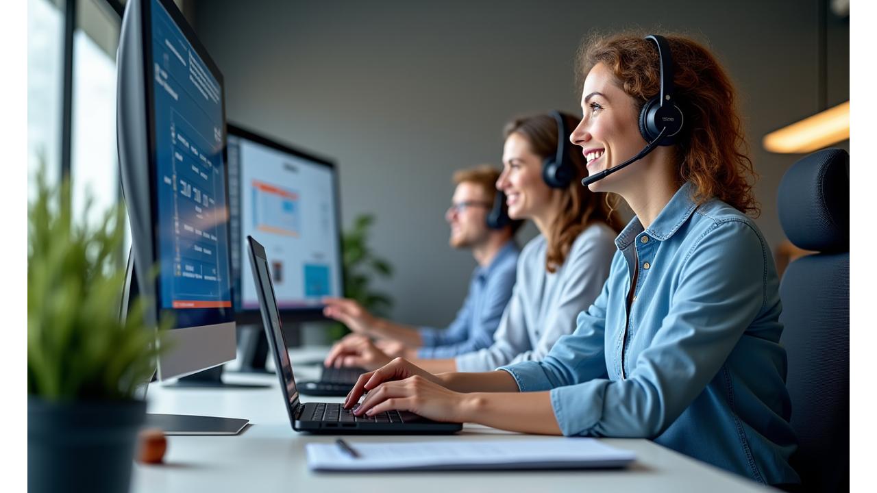 Team Acquamarina Rods, esperti al telefono e computer, che assistono clienti.