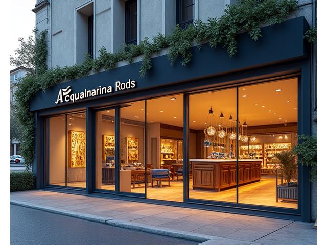 Esterno dello showroom Acquamarina Rods a Trieste, con insegna e prodotti in esposizione.