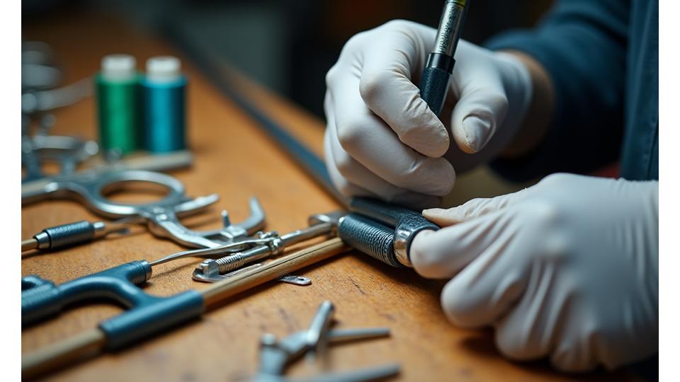 Disegno tecnico di una canna da pesca personalizzata, con strumenti di misurazione.