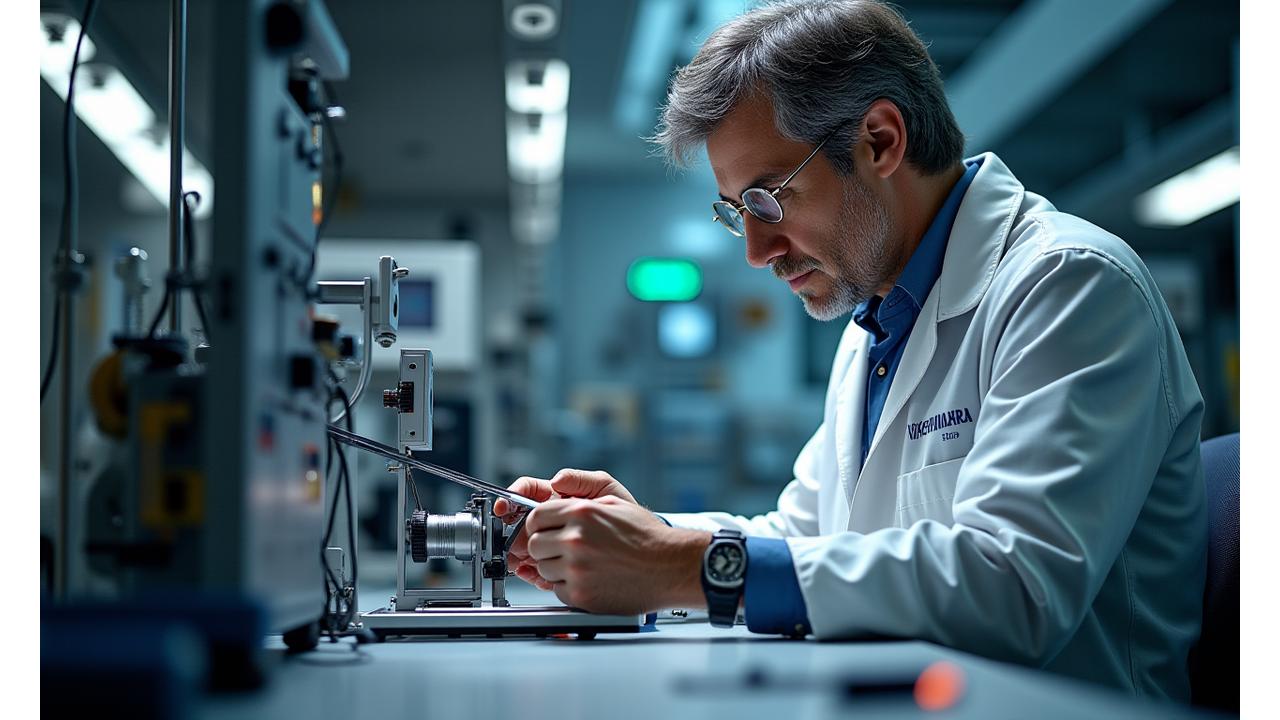 Tecnico specializzato con attrezzi che ispeziona una canna da pesca in un laboratorio pulito.