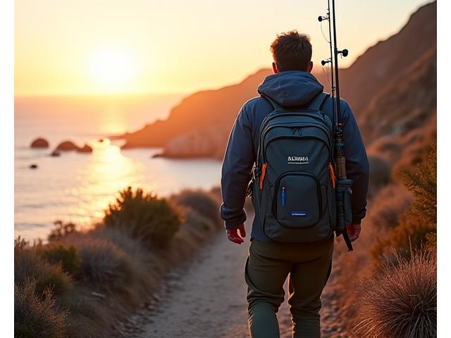 Un pescatore trasporta comodamente uno zaino da pesca Acquamarina Rods ergonomico, lungo un sentiero costiero roccioso all'alba, con una canna da pesca nella sua custodia laterale integrata.