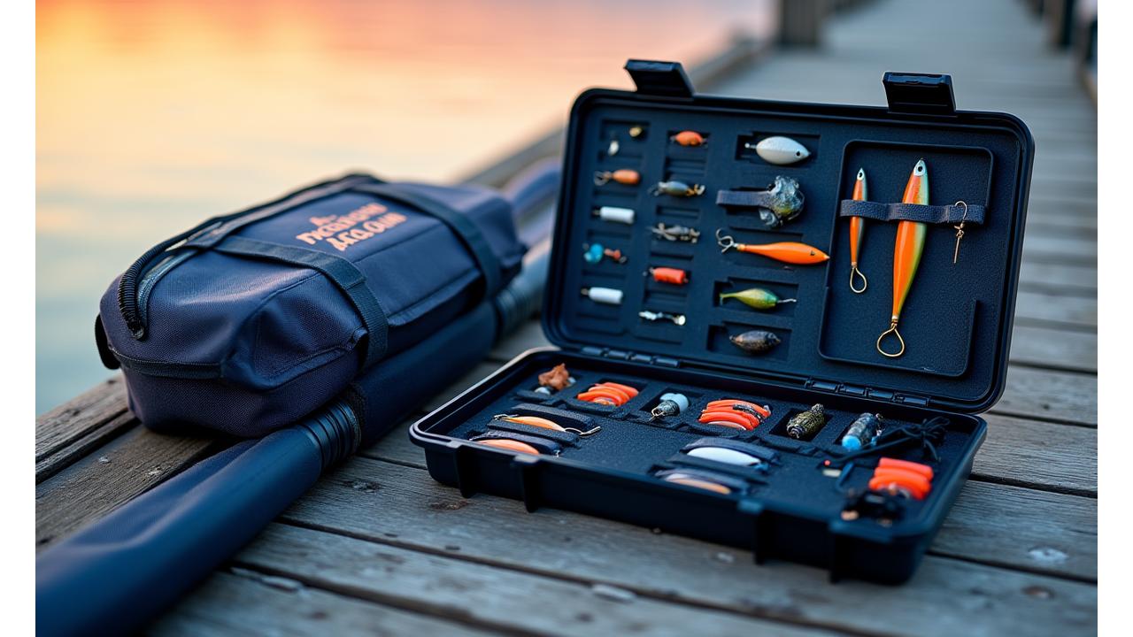 Attrezzatura da pesca perfettamente organizzata in una borsa e tackle box Acquamarina Rods, con una landing net appoggiata accanto in un ambiente marino all'alba.