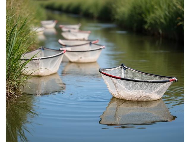 Diverse keepnets Acquamarina Rods, di varie dimensioni e lunghezze, galleggiano su un sereno specchio d'acqua vicino alla riva, in una giornata di gara di pesca sportiva, focalizzando sulla cura del pesce.
