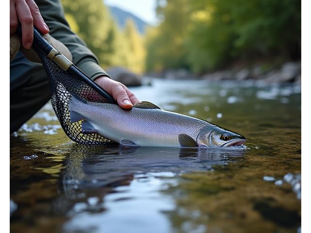 Pescattore esperto rilascia delicatamente una trota catturata utilizzando un retino da pesca Acquamarina Rods con maglie in gomma, in un fiume limpido di montagna.