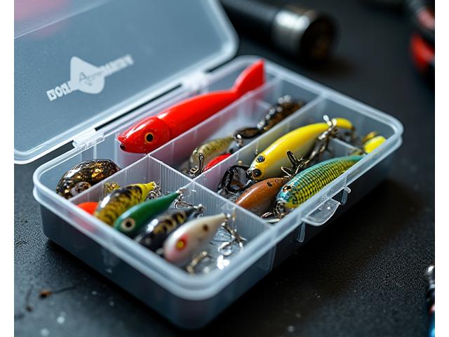 Panoramica dettagliata di una tackle box Acquamarina Rods aperta, mostrando scomparti modulari pieni di diverse esche, piccoli accessori da pesca e attrezzi ben organizzati.