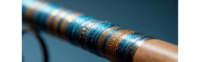 Dettaglio di un wrapping personalizzato su una canna con filati colorati intricati e resina trasparente.