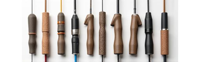 Varie forme e materiali di impugnature per canne da pesca: sughero, EVA, e miste. 