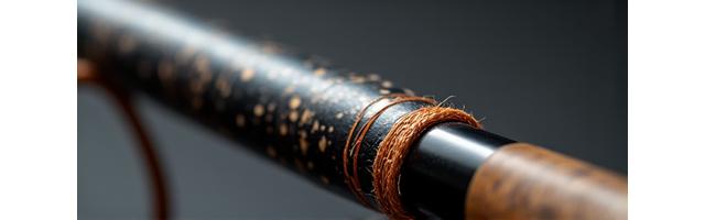 Primo piano su legature ad anello meticolosamente avvolte e rifinite su un blank di canna da pesca.