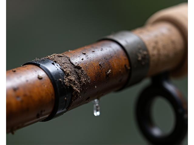 Canna da pesca con anelli rotti e un'impugnatura danneggiata, mostrando segni evidenti di usura.