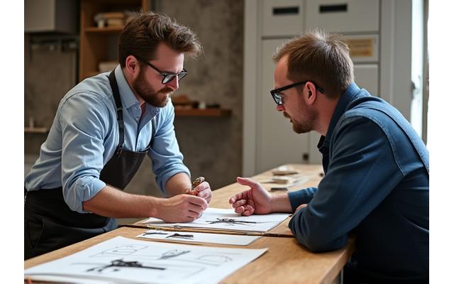 Due pescatori discutono le specifiche di una canna da pesca personalizzata, mostrando campioni di materiali.