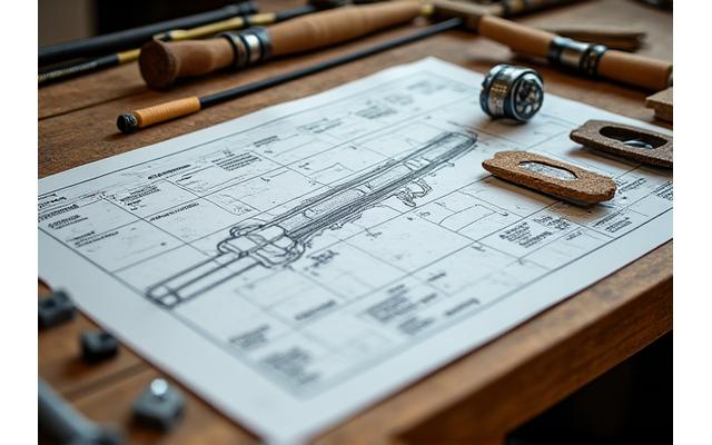 Disegno tecnico di una canna da pesca con campioni di componenti e materiali come carbonio e sughero.