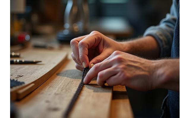 Mani di un artigiano che avvolgono il filo di guida su una canna da pesca con utensili di precisione.