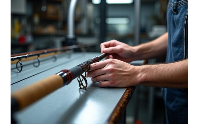 Una canna da pesca finita viene ispezionata da un artigiano su un banco di lavoro illuminato.