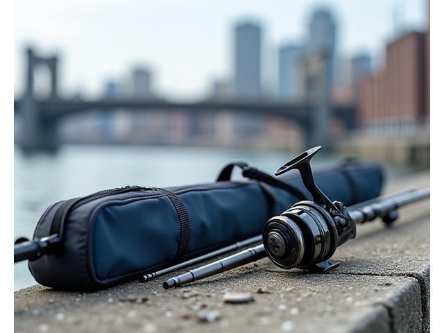 Un set di canne da pesca telescopiche ultra-compatte, smontate e inserite in una borsa da trasporto sottile, appoggiate accanto a un mulinello compatto su un molo urbano.