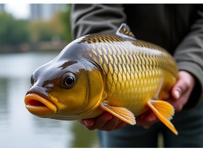 Una grande carpa catturata in un lago cittadino, con il pescatore che la tiene delicatamente prima del rilascio, sullo sfondo si intravedono elementi urbani.