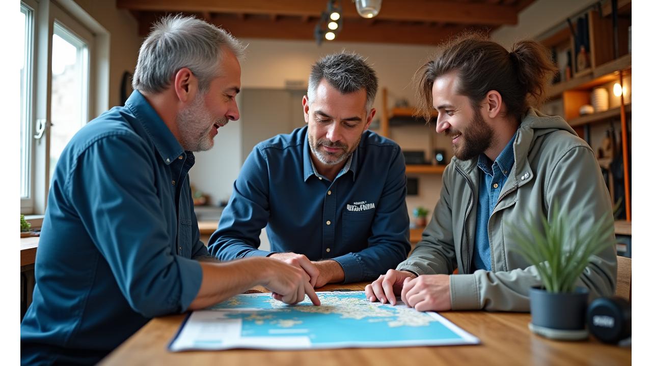 Un esperto di Acquamarina Rods che mostra su una mappa un punto di pesca urbano a due pescatori interessati, con canne e attrezzatura leggera in bella vista.