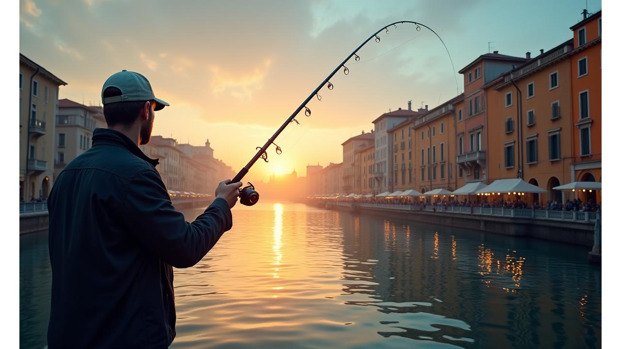 Pescatore in un ambiente urbano, con canne da pesca compatte che si estendono verso un canale cittadino al tramonto a Trieste.