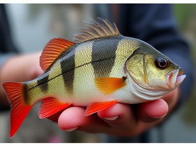 Un persico reale dai colori vivaci su una mano guantata, appena pescato in un porto fluviale urbano.