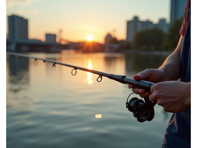 Primo piano su un pescatore che esegue un lancio di precisione con una canna compatta tra due edifici in un setting urbano, con l'acqua riflettente il cielo.