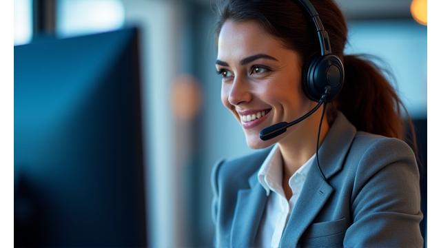 Un operatore del servizio clienti, con un auricolare, sorride mentre aiuta un cliente online, simboleggiando il supporto per le richieste di privacy.