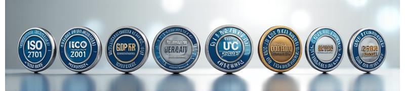 Serie di icone di certificazioni di sicurezza e badge di conformità, disposte elegantemente su sfondo chiaro per comunicare affidabilità.