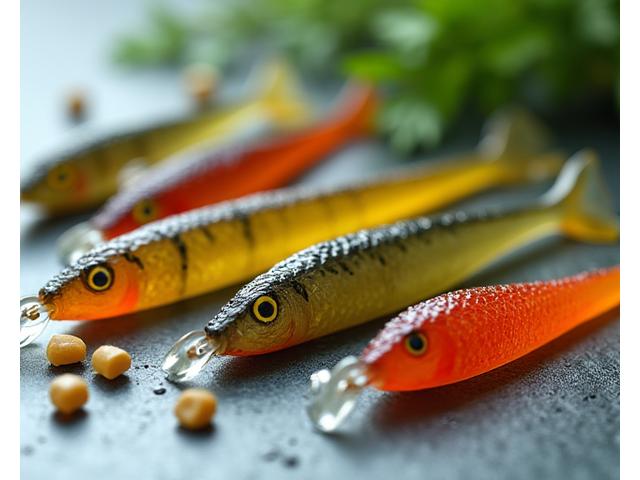 Assortimento di esche biodegradabili Acquamarina Rods, vivacemente colorate e testate per garantire efficacia.