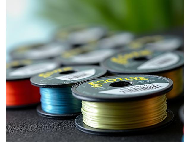 Primo piano su bobine di filo da pesca a basso impatto ambientale, con etichette che ne evidenziano le proprietà eco-sostenibili.