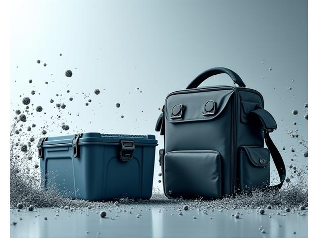 Tackle box e accessori da pesca realizzati con plastica riciclata, mostrando texture superficiali di alta qualità.